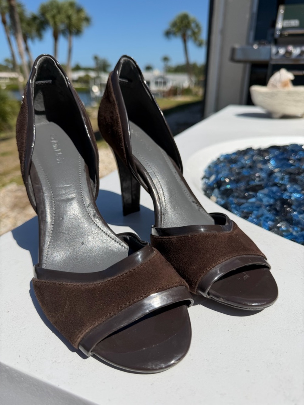 Calvin Klein Brown Suede Mule with Dark Gloss Trim